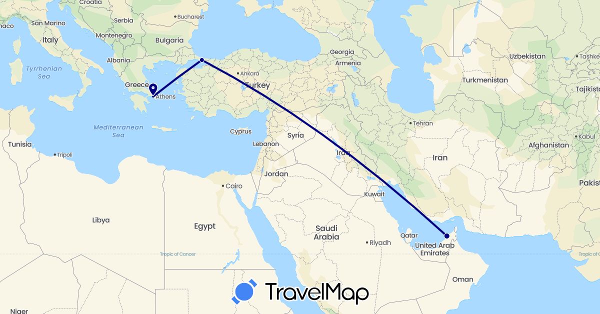 TravelMap itinerary: driving in United Arab Emirates, Greece, Turkey (Asia, Europe)